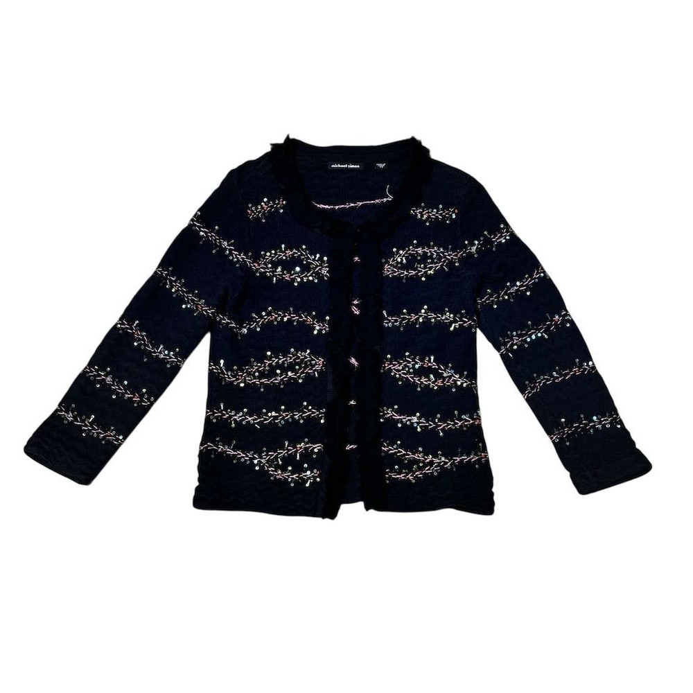Michael Simon‎ Women's Black Beaded Ruffle Cardigan Sweater Size S